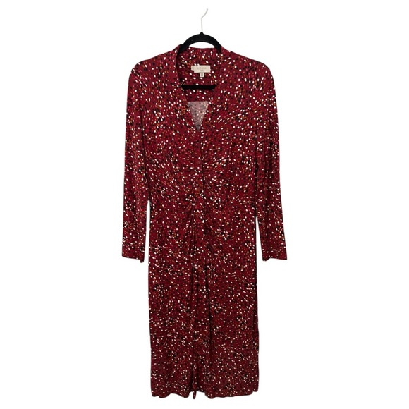 Hobbs London Hatty Jersey Dress Women’s 10 Red Multi Long Sleeve Button Ruched - Picture 1 of 16